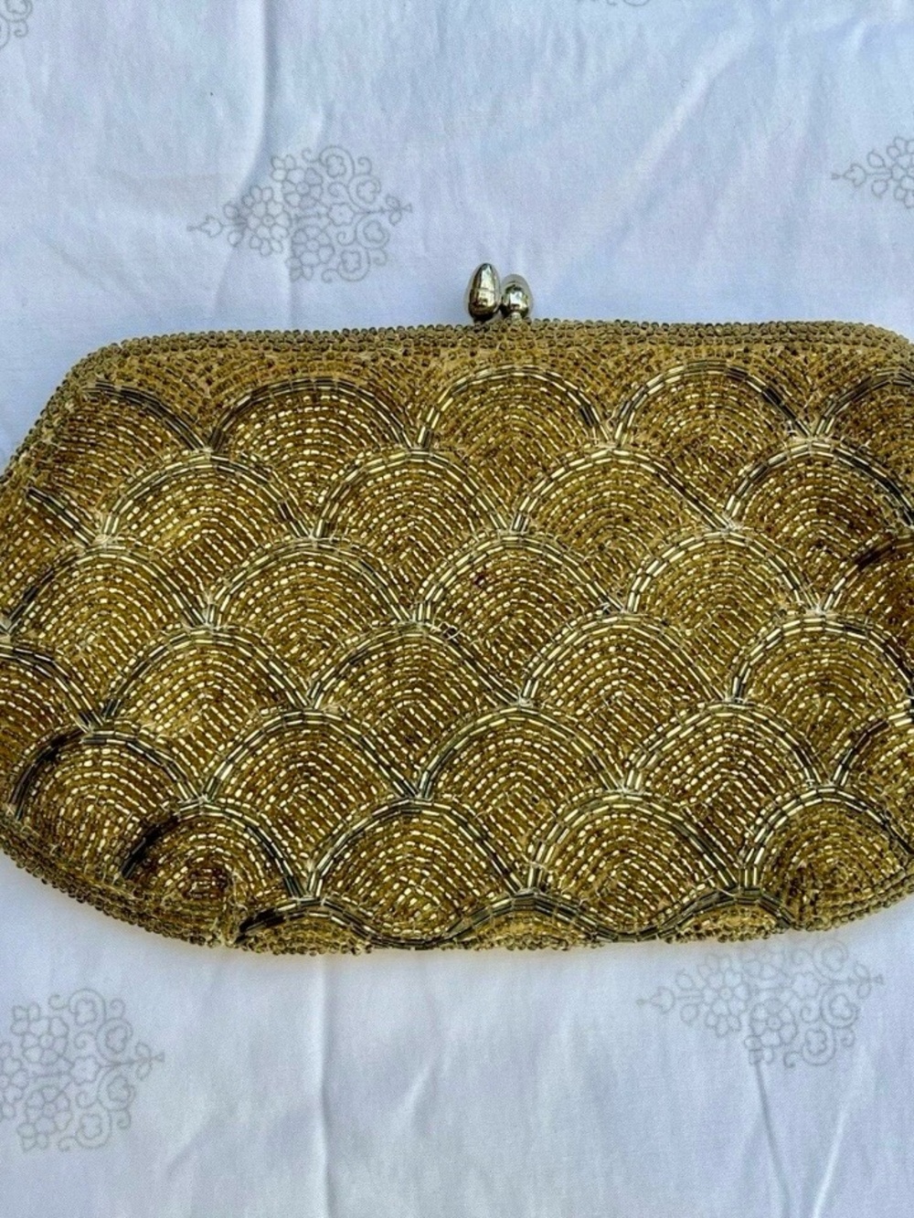 Vtg Gold Beaded Seashell Evening Clutch Elegant Women's Bag Art Deco Flapper